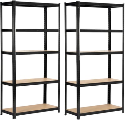Dubbele Zwarte Metalen Stellingkast 90x40x180cm - Staand opbergmeubel van Staal en MDF met 5 planken, Maximale Draagkracht 175kg, Zelfmontage, Voor Universal en Systeemintegratie
