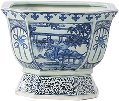 Porseleinen Bloempot - Keramiek Pot - Planten Binnen - Handgetekend Patroon - 225 cm - Blauw Wit
