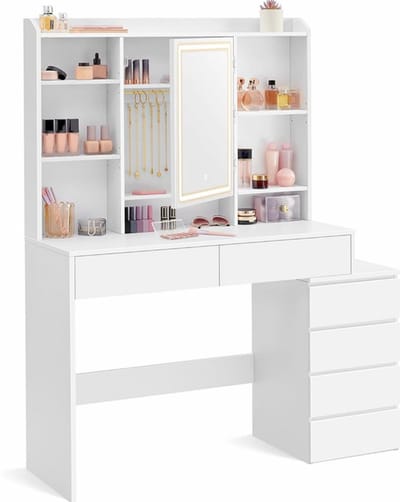 Sierra, KAILYN Collectie - Kaptafel met LED-verlichting, 40 x 118,3 x 145 cm, make-uptafel met spiegel, cosmeticatafel met lades, verstelbare planken, modern, wolkenwit RDT624WB01