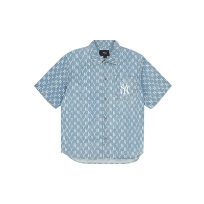 MLB New York Yankees Klassieke Bergserie Outdoor Logo Denim Casual Comfortabel Kortmouwig Shirt Unisex shirts Lichtblauw 3ADRMN123-50BLL S white