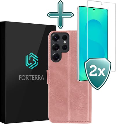 Hoesje Met 2x Screenprotector - Geschikt voor Samsung Galaxy S25 Ultra - Luxe Pasjeshouder - Flip Case - Bookcase Portemonee - Kunstleer Book Case - Flipcase Hoes - Book Cover - Walletcase - Portemonneehoes - Rosé goud