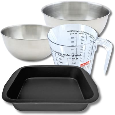 Baksset met brownievorm 27 x 26 van staal, 2 mengkommen, maatbeker en spatel Zenker