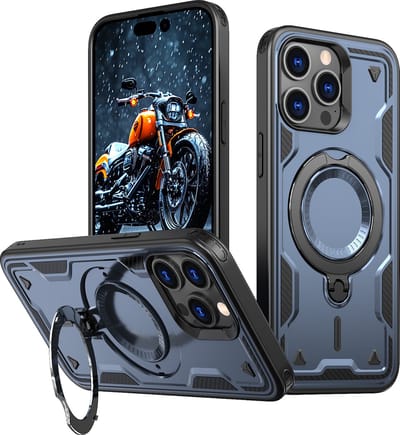 Magsafe Hoesje Geschikt voor iPhone 15 Pro Hoesje Navy - Armor Hoesje met Met Draaibare Ring Houder