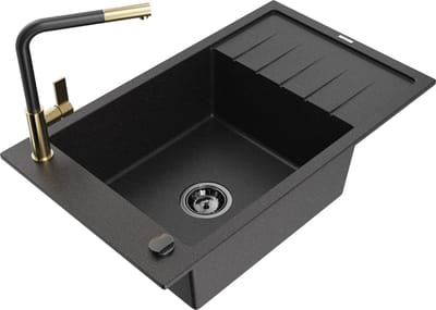 Mexen Elias granitische gootsteen met 1 bak, afdruiprek en keukenkraan Flora, zwart/zilver metallic - 6511-73-670401-57-B