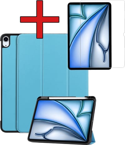 Hoesje - Geschikt voor Apple iPad Air (2024/2025/2026) - 11 inch - Met Screenprotector - Trifold Bookcase Hoes - Hard Cover Case - Met Uitsparing Geschikt voor Apple Pencil - Hardcover Book - Tablethoes - Lichtblauw