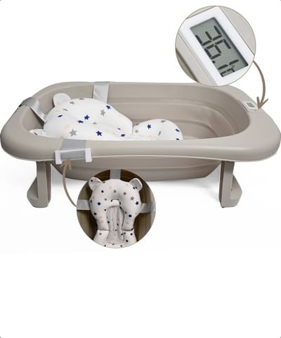 Bellettini® Opvouwbaar Baby Bad inclusief Spoelbeker & Kussen - Babybad Met ingebouwde Temperatuur - Peuterbad - Oatmeal
