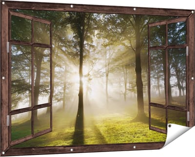 Gards Tuinposter Doorkijk Zon tussen de Bomen - 150x100 cm - Tuindoek - Tuindecoratie - Wanddecoratie buiten - Tuinschilderij