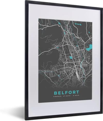 Fotolijst incl. Poster - Belfort - Frankrijk - Kaart - Stadskaart - Plattegrond - 30x40 cm - Posterlijst