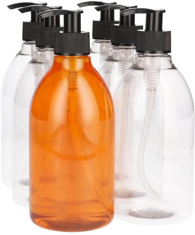 6 x 500 ml Ronde fles 100% gerecycled PET transparant met zwarte dispenserpomp- Gerecycled PET - tot 60% minder Co2 uitstoot - 6 stuks