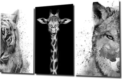 Insigne - Glazen Schilderijen - Dieren - Giraffe - Tijger - Wolf - 3-Delig Mega Glasschilderij 3x110x70 cm - 4 mm