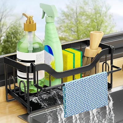 Famanu – Spoelbak-organizer - gootsteenorganizer - roestvrij staal - met zelfledigende afvoer - voor sponshouder - spoeldoekhouder - organizer voor keuken en badkamer - zwart