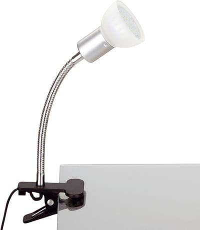Trango LED Klemlamp *EASY* 2989-016 Tafellamp I Leeslamp I Clip Lamp met Wit Glazen Lampenkap, Klemspot I Nachtlampje I Bureaulamp incl. 1x 5 Watt GU10 3000K warm witte LED lamp
