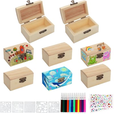 Mini Schatkist Set van 8 Stuks - Houten Doos met Deksel 9 x 5 x 5 cm voor Verjaardagsfeestjes, Knutselen en Opberging