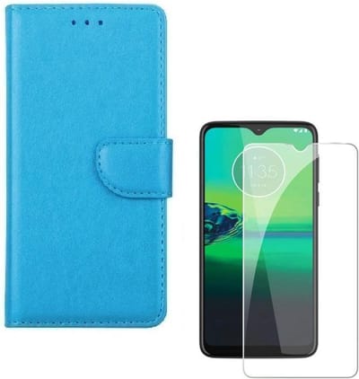 hoesje Geschikt voor: Motorola Moto G8 Plus Portemonnee Turquoise met 2 stuks Glas Screen protector