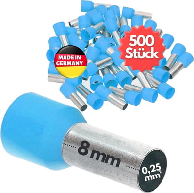 500 stuks Kalitec AE02508HBL adereindhulzen geïsoleerd 0,25 mm² 8 mm lang lichtblauw I Made in Germany I Industriële kwaliteit