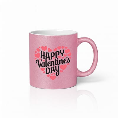 Happy Valentine’s Day Mok 330ml – Roze Glitter Koffiemok met Hartjes Ontwerp – Romantisch Cadeau voor Hem & Haar