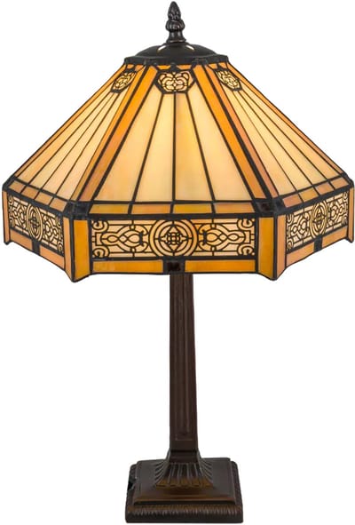 Tiffany tafellamp Geometrisch Sierpatroon – Crème & Amber Ornamentband – H 45 cm – Art. 7023