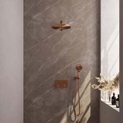 Brauer Copper Edition Thermostatische Regendoucheset Inbouw - Hoofddouche 30 cm - Rechte Wandarm - Met Drukknoppen - Handdouche 3 Standen - Doucheslang - Wandaansluitbocht