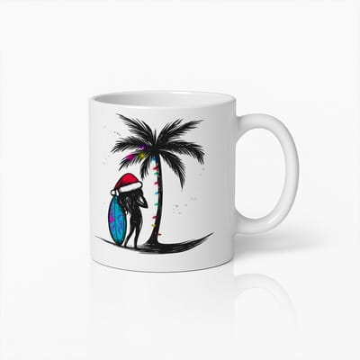 Kerst Surfende Meisje Mok – Feestelijke Palmboom Vakantie Koffiebeker voor Strandliefhebbers