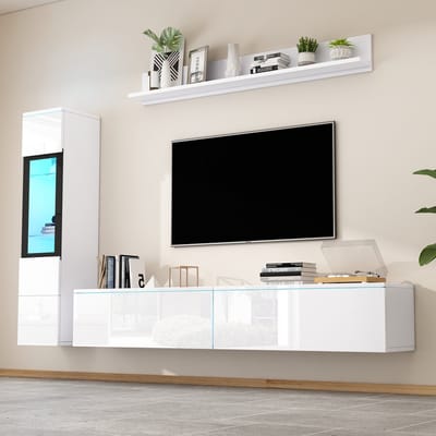 DESMIU Wandmeubelset - Hoogglans Met Ledverlichting En Opbergruimte - Voor Woonkamer En Tv Hoek - Spaanplaat Wit - 180x33x30 Cm