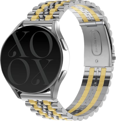 xoxo Wildhearts stalen schakel smartwatch bandje 20mm - Geschikt voor Samsung Galaxy Watch Active 1/2 / Watch 1 42mm / Watch 3 41mm / Gear Sport / Polar Ignite 1-2-3 / Unite / Pacer - Amazfit GTS 1-2-3-4 / Bip - Met horloge inkorter - Zilver/goud