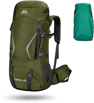 CarryQuest® - 60L Hiking Backpack - Nylon Wandelrugzak met Regenhoes, Reflecterende Strip, Zijvakken, Heupriemvakken, Ondervak & 72x35x23 cm - Groen