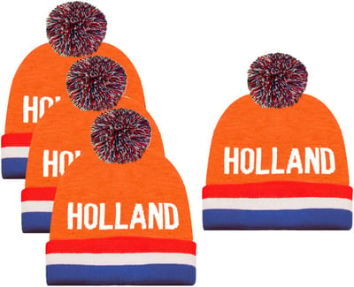 Funny Fashion Verkleed muts - 4x - Supporters Nederland/holland - voor volwassenen - in vlag kleuren - polyester - met pompom