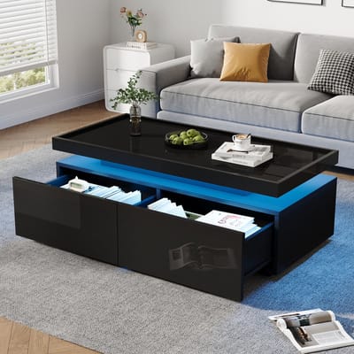 Wishdor Salontafel 95x45x35 cm van spanplaat, hoogglans zwart met LED en 2 lades, modern design