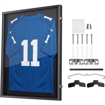 Boîte d'exposition avec cadre pour maillot, 92,5 x 71,8 x 4 cm, Boîte ombrée en bois pour maillot de sport avec panneau en PC à 98 % de protection UV et cintre, Verrouillage magnétique, pour le Baseball blue