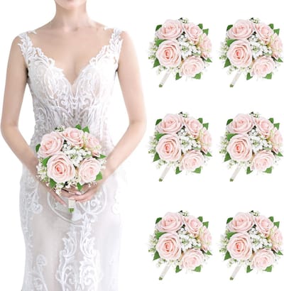 Bruidsmeisjes Boeketten - Kunstbloemen Set - Bruiloft Decoratie - Set van 6 - 17.8 cm - Perzik Roze