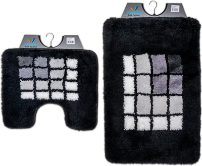 Wicotex - Badmat set met Toiletmat - WC mat met uitsparing Zwarte rand geblokt - Antislip onderkant