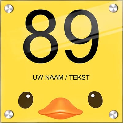 Huisnummer naambord plexiglas 20x20x0,5cm Eendje design- met naam bedrukken Huisnummerbordjes, Naambordje voordeur, naamplaatje voordeur, huisnummer bord, huisnummer borden