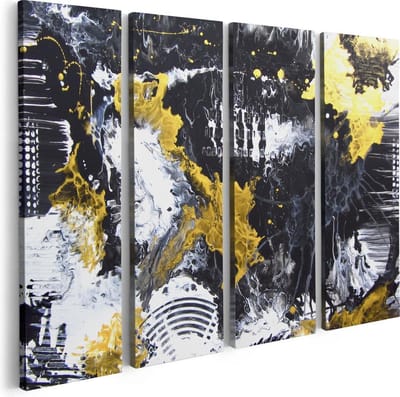 Artaza Canvas Schilderij Vierluik Abstracte Kunst met Zwart, Wit en Goud - 80x60 - Foto Op Canvas - Canvas Print