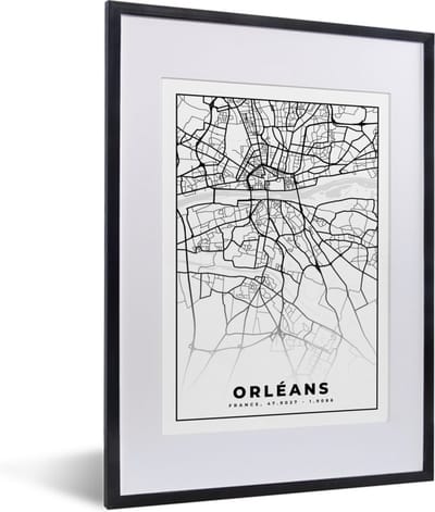 Fotolijst incl. Poster Zwart Wit- Frankrijk - Kaart - Orléans - Plattegrond - Stadskaart - Zwart wit - 30x40 cm - Posterlijst