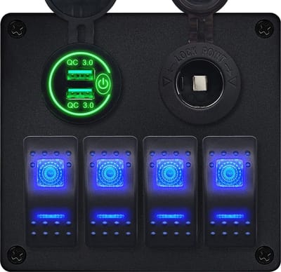 ProRide Schakelpaneel 12V voor Auto/Boot - USB Lader 2 Poorten met Sigaretten stopcontact - QC3.0 - PUSB1QC-G - 4 schakelaars
