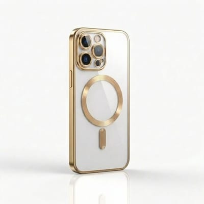 Transparant goudkleurig telefoon hoesje met metallic randen – geschikt voor iPhone 15 Pro Max MagSafe – luxe backcover met MagSafe ring en camera bescherming