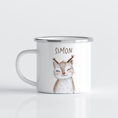 Creasowl® Lynx Gepersonaliseerde Emaille Kinder Mok met Naam Kind – Bosdieren Mok 350ml – Kinder Campingmok