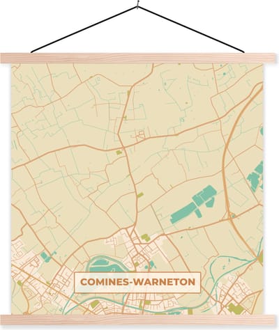 Posterhanger incl. Poster 40x40 cm - Schoolplaat - Kaart - Stadskaart - Plattegrond - Comines-Warneton - Vintage - Textielposter - Blanke latten - Stadskaart