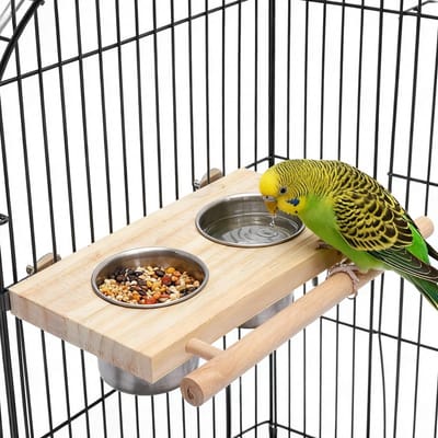 Dailygoods- Voederbak Vogelvoer - Roestvrij Staal - Houten Zitstang - Hangende Voederbak - Voederschaal Vogels - Ideaal voor Parkieten - Vogelschaal