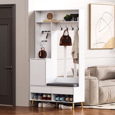 MODFU Kapstok 100x35x180 cm van MDF, met bank, 4 haken en 2 lades, wit