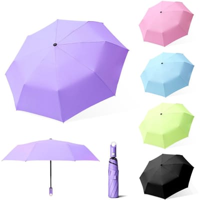 Parapluie automatique de couleur unie 8K, parapluie de soleil coupe-vent pliable en 3 parties avec poignée à crochet rotative à 360 degrés violet