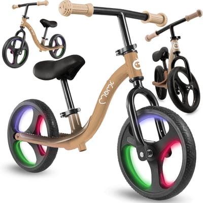MoMi ISOKA Loopfiets met LED-wielen, Verstelbaar Zadel en Stuur – Zonder Pedalen - Beige
