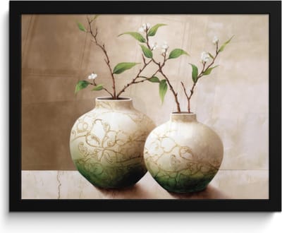Poster in lijst - Fotolijst 40x30 cm - Posters - Bloemen - Vaas - Wit - Botanisch - Beige - Posterlijst zwart - Wanddecoratie badkamer - Muurdecoratie WC - Decoratieve accessoires - Toilet muur decoratie