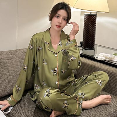 Pyjama Set met Luipaardprint voor Dames Idyllische Stijl Lange Mouw Broek Vrouw Lounge Herfst Winter Cartoon Nachtkleding XXL black