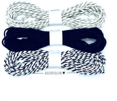 3 kleuren Bakkerstouw / Touw / Koord | 3 x 5 meter | 100% katoen | 2 mm | grijs-wit / zwart / zwart-wit