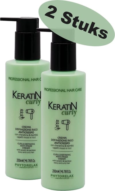 Phytorelax Keratin Curly Cream Voordeelverpakking – Anti-frizz Haarcrème voor Krullen of Pluizig Haar – met Keratine & Bamboe – 2 x 200ml