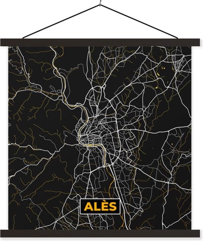 Posterhanger incl. Poster 60x60 cm - Schoolplaat - Plattegrond - Kaart - Alès - Frankrijk - Stadskaart - Textielposter - Zwarte latten - Stadskaart