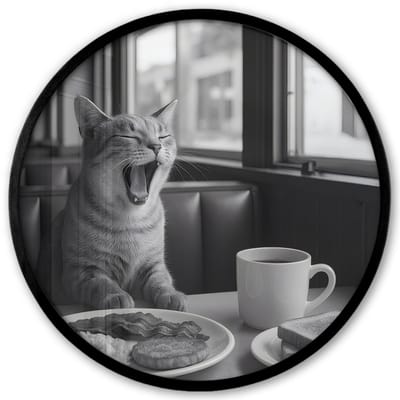 Poster in lijst Rond - Fotolijst 40x40 cm - Posters - Kat - Koffie - Brood - Zwart - Ronde posterlijst zwart - Decoratie - Wanddecoratie woonkamer - Muurdecoratie slaapkamer