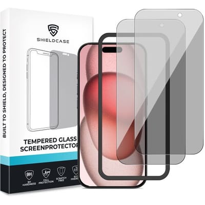 ShieldCase Privacy screenprotector geschikt voor Apple iPhone 15 screenprotector - Geleverd met montage frame - 2-pack verpakking - screen protector gemaakt van gehard glas