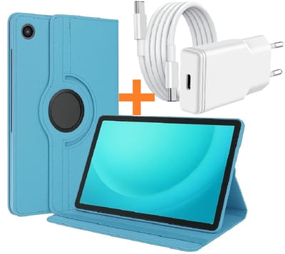 Hoes Geschikt voor Samsung Tab A11 Plus / A9 Plus tablethoes – 360° draaibaar Licht Blauw met USB C Adapter - USB C oplader- Slim Snellader 20W Met USB C Kabel 1m - Ntech COMBI-SET